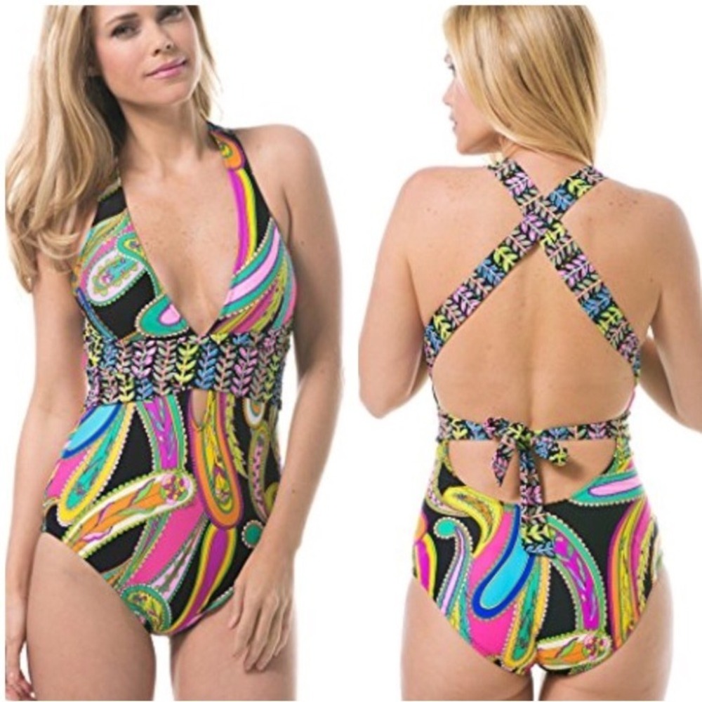 TRINA‎ TURK Garden Paisley Plunge One Piece Swimsuit Tie Back Resort Pink 10/XL